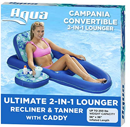 Aqua Campania Ultimate 2-in-1 Pool Float Lounge – Extra Large – Inflatable Pool Floats for Adults with Adjustable Backrest & Cupholder Caddy – Teal Hibiscus