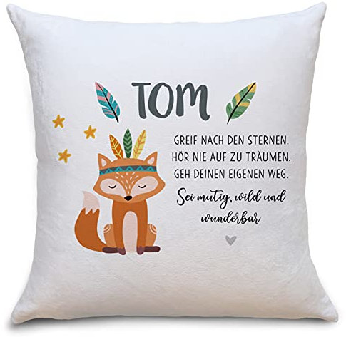 OWLBOOK Fuchs Boho Flauschige Kissenhülle mit Spruch Personalisiert mit Namen Geschenke Geschenkideen für Geschwister zum Geburtstag Geburt Baby Junge Mädchen
