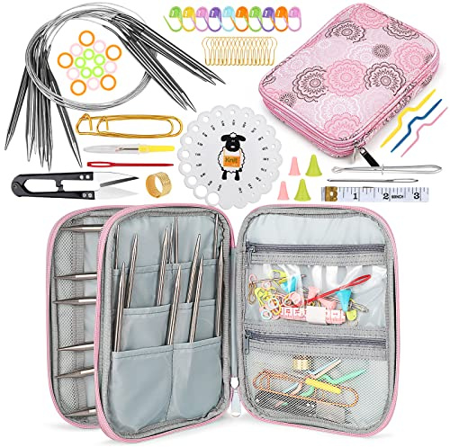 Coopay Ferri circolari da maglia circolari in acciaio inox, 80 cm, con custodia, ferri da ago e accessori per lavorare a maglia, 2,5 – 10 mm, ferri circolari portatili, set regalo