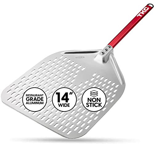 TKC 14” Perforated Pizza Peel – 31 Inch Long Handle Perforated Aluminium Pizza Paddle – Lightweight Pizza Turning Peel – Commercial Grade Pizza Spatula - Outdoor Pizza Oven Accessories - (Silver/Red)