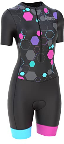 Damcykel-skinsuit med vadderad sittyta, One Piece trisuit, cykeltopp med kort ärm, sublimerat mönster och bib-shorts.
