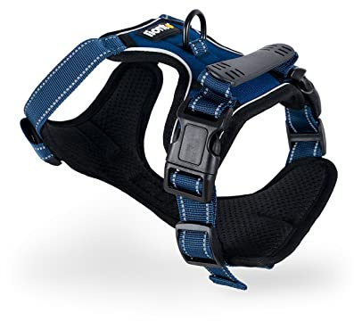 lionto Hundegeschirr gepolstert aus weichem Nylon, Größe L, reflektierendes Anti Zug Geschirr für Hunde mit 2 Ringen & 4 Einstellgurten, Zwei Klickverschlüsse & gummierter Griff am Rücken, blau