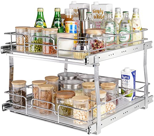 VEVOR 2 Tier 18.7Wx21Dx3.2H Pull Out Cabinet Organizer, Heavy Duty Slide Out Pantry Shelves, Steel Roll Out Drawers, Sliding Drawer Storage for Home, 21.5Wx22.5Dx19H Install Size for Cabinet
