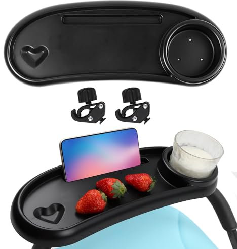 Universelles Kinderwagen Tablett, Snack Tablett für Kinderwagen, 360-Grad Schwenkbar 3-in-1 mit Verstellbarem Clip Kinderwagen Getränkehalter, Geeignet für die Meisten Kinderwagen mit Armlehnen