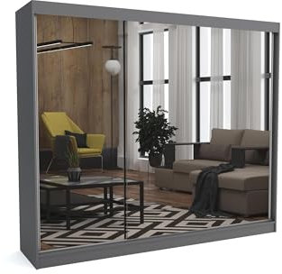 Brent - Kleiderschrank mit Spiegel Dave, 250cm Breit, Schlafzimmerschrank mit 1 Kleiderstange und Einlegeböden für Kleidung, Kleiderschrank Grau
