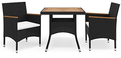 Homgoday 3-TLG. Trädgård matgrupp trädgårdsbord med stolar sittgrupp trädgårdsstolar trädgårdsmöbler set trädgård matbord sittset trädgårdsset balkongmöbler svart poly rotting och akaciaträ