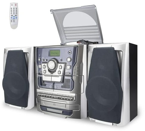 HONGUT Bluetooth Vinyl Stereo Record Player, 3-Speed Stereo Turntable CD Player Music System with Dual Cassette Deck, Digital Alarm Clock FM Radio Coded CD Tape with Remote Control