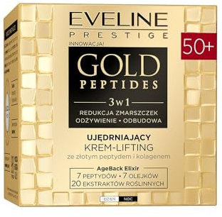 Eveline Cosmetics Gold Peptides Crema lifting rassodante 50+ con peptidi d'oro e tri-collagene – soluzione anti-invecchiamento per pelle matura – cura giorno e notte, 50 ml