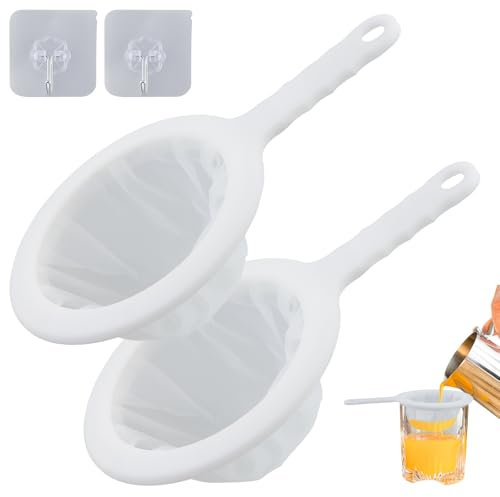 Colador fino, 2 unidades, colador fino con mango, 200 malla, colador de cocina, colador de malla ultrafino, filtro de embudo para el hogar, colador de mano para zumo, leche, café con 2 ganchos