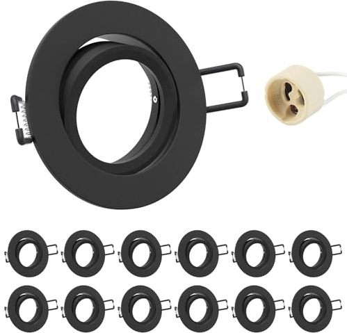 12x infälld spotlight GU10 aluminium, svängbar svart infälld spotfäste monteringsram med GU10-uttag, rund takspot 68 mm extra platt för LED, monteringshål ø60–75 mm