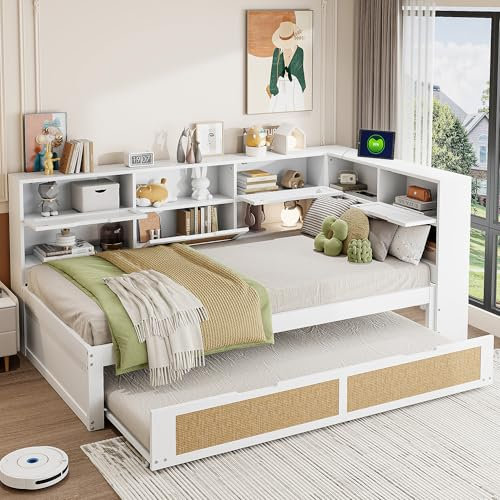 Kebnor Sofá cama de madera con cama nido, cama individual multifuncional, con muchos compartimentos de almacenamiento y puerto de carga (sin colchón) (color blanco (con cama nido), 90 x 200 cm