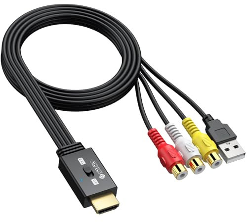 eSynic 1080P Convertitore RCA Femmina a HDMI Maschio con Cavi Integrati 60cm, Mini Adattatore Audio Video da CVBS Composito a HDMI Supporta 3D per Wii/PS2/N64, Switch 4:3/16:9, TV Moderno Compatibile