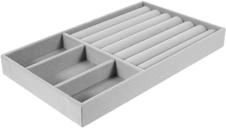 LOLIPPYY Organizador de Joyas Apilable con Insertos para Cajón Bandeja de Exhibición de Anillos y Pulseras Compartimentos de Terciopelo Gris para Almacenamiento Ordenado y Práctico