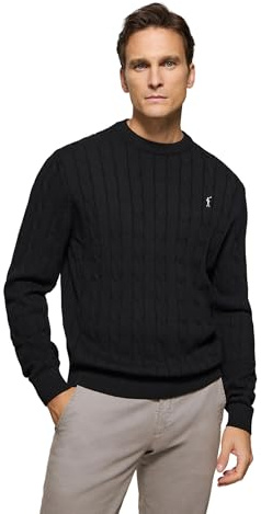 Polo Club Maglione a Treccia da Uomo in Colore Nero con Logo e Scollo Tondo