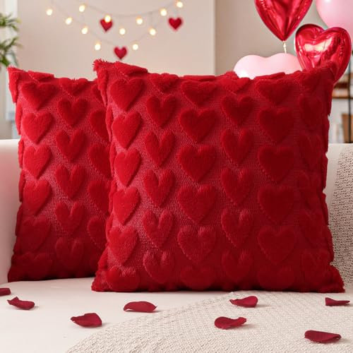 Artscope 2 Pezzi San Valentino Federe in Lana Corta Velluto Copricuscini Morbido Decorativo Fodere per Cuscino Lusso Stile per Divano Camera da Letto Amore Rosso 40x40 cm