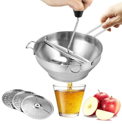 Trituradora de alimentos de acero inoxidable - Molino de manivela, 3 discos intercambiables, mezclador sólido y duradero | Herramienta ideal para triturar frutas y verduras, rallar puré, salsa, al