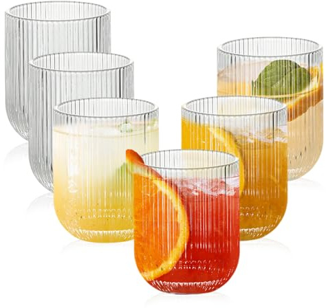 Ausune 6 Pcs 260ml Ribbed Origami Style Tumbler Glasses, Fluted Ripple Drinking Glassware Set for Water, Gin, Juice, Cocktails & Beverages, Perfect for Home, Restaurant, Events & Parties