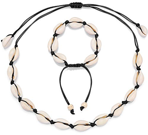 Starain 2Pcs Shell Necklace Anklet for Women Handmade Adjustable Puka Beach Shell Necklace Set