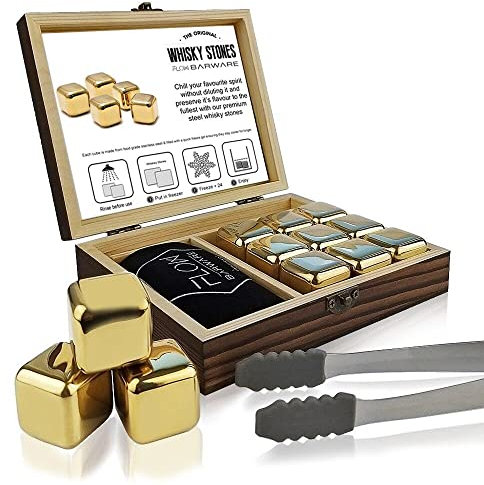 FLOW Barware Whisky Stones Gift Set | Stainless Steel Gold Metal Ice Cubes | Whiskey Stones With Tongs & Wooden Box, For Men Drink Whisky Ice Cubes in Gold