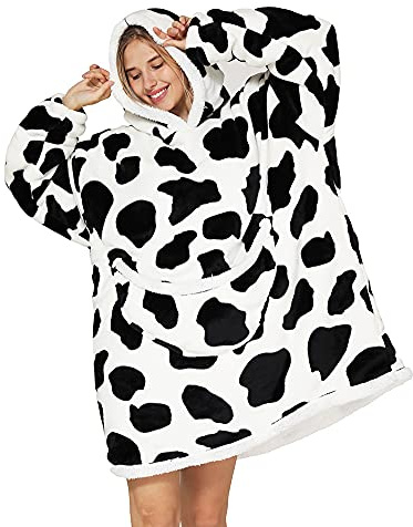 chuangminghangqi Deckenpullover Herren Flauschig Oversized Sweatshirt Pullover Damen Riesige Fronttasche Tragbare Hoodie Decke mit Ärmeln Kuschelpullover Warme Sofadecke Geschenk für ihn(Kuhfarbe)