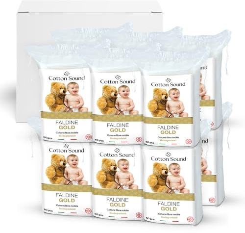 COTTON SOUND GOLD BABY Faldine 12 confezioni x 60 Pezzi per Bambini, 100% Cotone Idrofilo, Quadrotti 9 x 11 cm, Ipoallergeniche e Biodegradabili, Dermatologicamente Testate, Made in Italy