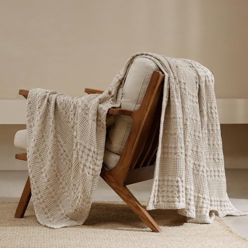 PHF 100% Cotton Waffle Weave Throw Blanket - Luxury Decorative Soft Breathable Skin-Friendly Blanket for All Season - Perfect Textured Blanket for Couch Bed Sofa 50x60-Light Khaki/Linen