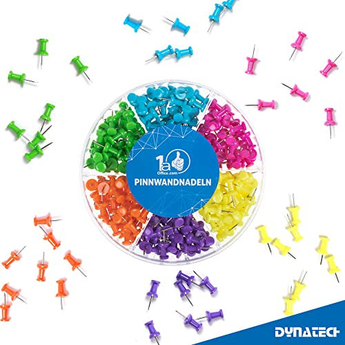 DynaTech Pinnwandnadeln 240 Stück in Box - Pins Reißnägel Stecknadeln mit Kopf für Notizzettel - Pinnadeln für Bürobedarf - Reißzwecken je 40 pro Farbe