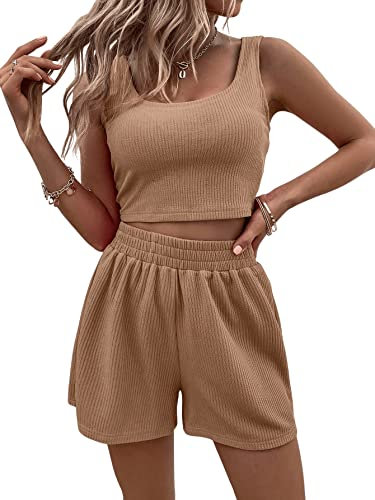 DIDK Lot de 2 shorts et top pour femme - Bretelles spaghetti - Pour camisole - Pour la maison, marron, XS