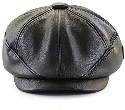 Ueither Hombres Gorra Plana Ajustable 8 Panel Newsboy Sombreros Gorras Boinas de PU-Cuero Gatsby Ivy Hat 56-60 CM (Negro)