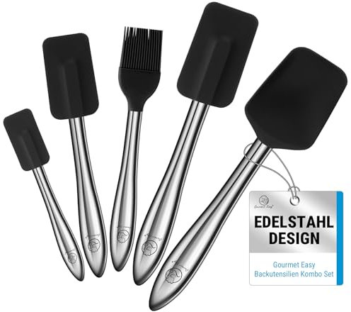 5er-Set Silikon Spatel aus Edelstahl | Hitzebeständiger Teigschaber mit Silikonlöffel & Küchenpinsel zum Kochen & Backen | Teigschaber Silikon für Antihaft-Kochgeschirr