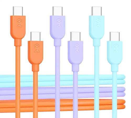 Cable Matters 3-pack extrem flexibel USB C-laddningskabel 1,8 m i orange blå lila, upp till [60 W laddning, 480 Mbps] Apple CarPlay, Android Auto, USB C-kabel för iPhone 16/15, Galaxy S24, iPad Pro