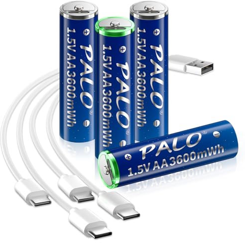 Mspalocell Pila AA de Litio USB-C 1,5 V 3600 mWh, bateria AA Recargable Carga rápida con Cable Carga Tipo C, LSD Baja autodescarga, con luz Carga, 4 Piezas Bateria AA