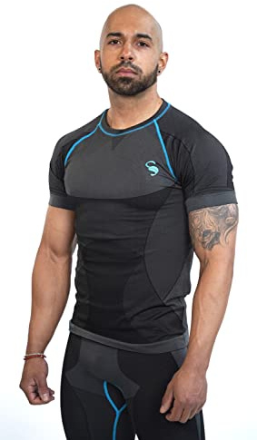 Herr Base Layer sömlösa funktionella underkläder, sport och skidunderkläder, 3/4 funktionella byxor, shorts, lång eller kortärmad skjorta, Gråtoner – kortärmad skjorta, M-L