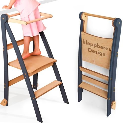 Houten Montessori Lärtorn Platsbesparande: Fällbart lärtornen, barnpall, vikbar trappstegspall, lärtornen med anti-tipp-skydd