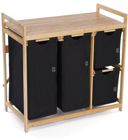 Wäschekorb aus Bambus Schwarz – Wäschesammler & Wäschekörbe mit 4 Fächern – 150L Wäschebox für Bad, Schlafzimmer, Waschküche oder Flur – Laundry Baskets 87x46x15 cm