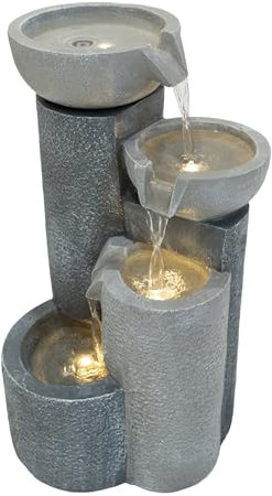Fontaine de Jardin Cascade Électrique Extérieure Polyresine Gris 3 Lumières LED Blanc Chaud Pompe à Brancher Câble de 7 m Statue Droit Décor Maison Terrasse Tranquil Tiers [Brosse de Nettoyage INCLUS]