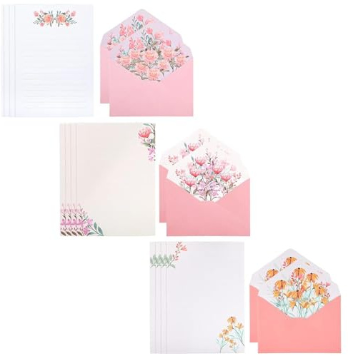 Ezranova 12 brevpapper + 6 kuvert, 18 st brevpappersset med kuvert, kuvertset unikt blomdesign skrivpapper, sött linjerat brevpapper (flerfärgat-02)