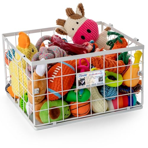 Mlanka Dog Toy Basket, Dog Toy Storage Bin for Pet,Medium Toy Box for Dogs,Metal Storage Box with Handles,Toy Storage Organizer,Dog Toy Organizer Holder Boxes for Living Room（white）