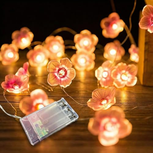 BG9D Guirlandes lumineuses LED fleurs, 3M 30 LED à pile avec minuterie, guirlandes décoratives fleurs de cerisier pour printemps intérieur, jardin, patio