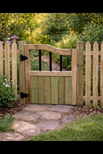 Wooden Garden Gate with Snawneck Top – Pressure Treated Outdoor Fence Gate with PVC Spindles (120cm High x 99cm Wide x 5cm deep)