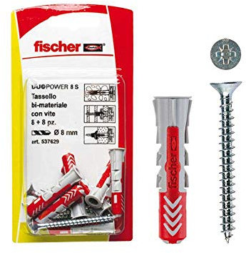 Fischer 537630 Tassello con Vite Duopower, Grigio/Rosso, 10 x 50 mm, Set di 4 Pezzi