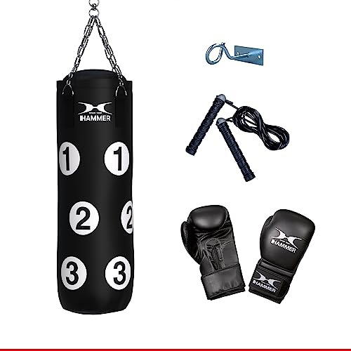 HAMMER Box-Set Sparring Professional - Boxsack Set, Gefüllt, 80 cm, nummeriert mit Trefferflächen, Boxhandschuhe 10 oz, Springseil, Profi-Deckenhacken