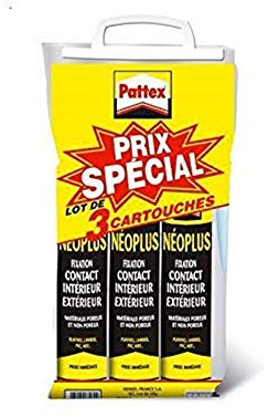PATTEX Néoplus Colle de Fixation type néoprène - Lot de 3 Cartouches de 390g - Tous matériaux, intérieur et extérieur, prise immédiate