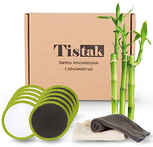 TISTAK Set da 10 dischetti struccanti lavabili con panno per la pulizia e sacchetto per la biancheria, morbidi e riutilizzabili, in pregiata fibra di bambù per donne attente all'ambiente