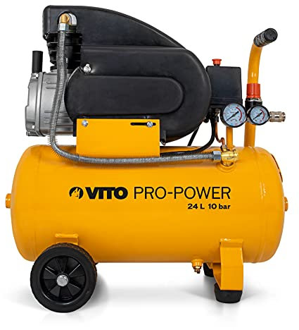 VITO 24L Kompressor 10 bar 2.5PS, 1900w, inkl. Druckminderer, 24 l-Tank, 2 Manometer & 2 Schnellkupplungen, vibrationsgedämpfte Standfüße, Haltebügel, Sicherheitsventil, 2850 U/min, 206 L/min (25A)