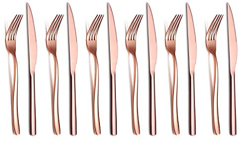 HOMQUEN Kupfer Steak Besteckset 12-Teilig, Premium Edelstahl 6 Tafelgabeln und 6 Tafelmesser Set, Steakmesser Steakgabeln für 6 Personen, Spülmaschinenfest (Glanzendes Kupfer)