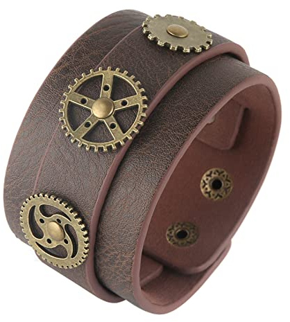HZMAN Steampunk Alloy Gear Leather Wristbands for Men Women Bracelets Cuff Bangle Jewelry Brown Adjustable