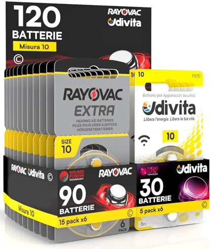 120 Baterías para Audífonos Medida 10 PR70 Amarillas Zinc Aire Phono Pulse Technology en 20 Blíster de 6 Pilas 120 Baterías 90 Rayovac + 30 Udivita