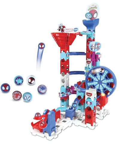 VTech - Marble Rush Spidey Challenge, Circuito de canicas Interactivo y Juguete de construcción, 65 Piezas, 6 canicas Personalizadas, Regalo para niños +4 años, Contenido en Español