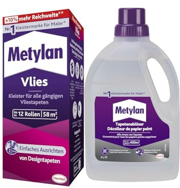 Metylan Vlies, Tapetenkleister für Vliestapeten, Kleister mit hoher Ergiebigkeit (1x360g) & Metylan Tapetenablöser Aktiv-Konzentrat, löst schnell und problemlos (1x 1l)